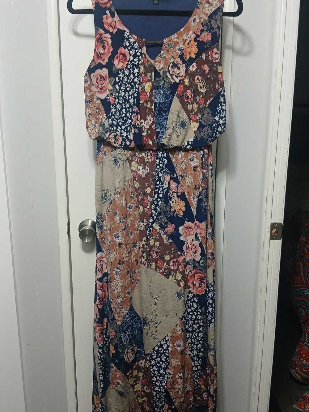 Bohemian Floral Patchwork Maxi Dress - Navy & Tan